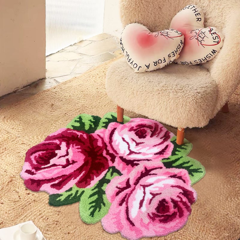 ABREEZE 3 Rose Shaped Rug Pink Roses Area Rug Shaggy Bath Mat Anti-Slip Mat Personalized Custom Carpets Doormat Bathroom Rug Super Water Absorbent, Machine Washable - Image 4
